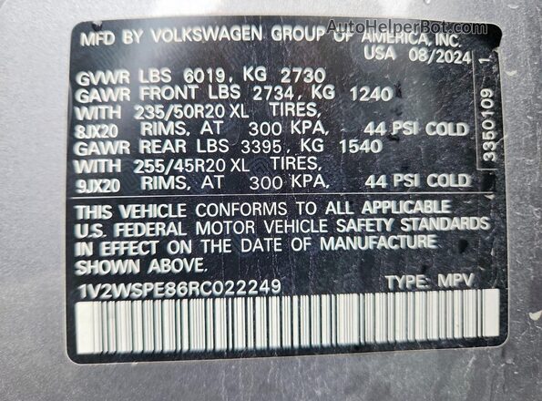 1V2WSPE86RC022249 2024 VOLKSWAGEN ID.4 Silver VIN կոդի պիտակի տեսք