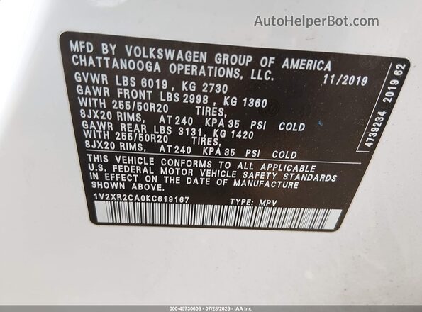 1V2XR2CA0KC619167 2019 VOLKSWAGEN ATLAS White Vista del compartimento del motor