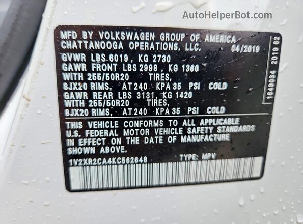 1V2XR2CA4KC562648 2019 VOLKSWAGEN ATLAS White Widok naklejki z numerem VIN