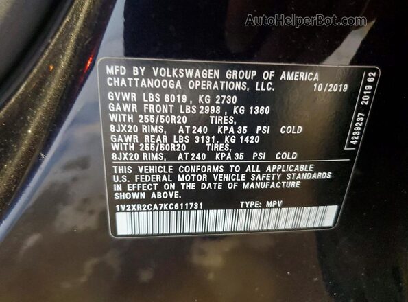 1V2XR2CA7KC611731 2019 VOLKSWAGEN ATLAS Black VIN sticker view