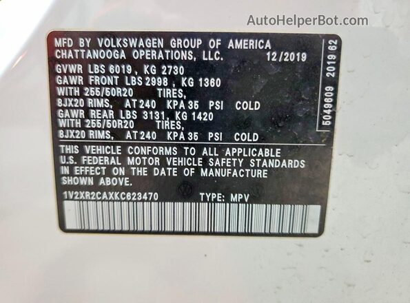 1V2XR2CAXKC623470 2019 VOLKSWAGEN ATLAS White VIN կոդի պիտակի տեսք