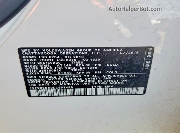 1V2YR2CA9KC591499 2019 VOLKSWAGEN ATLAS White VIN կոդի պիտակի տեսք