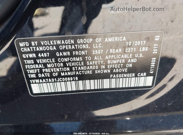 1VWAA7A31JC008916 2018 VOLKSWAGEN PASSAT Black Engine compartment view