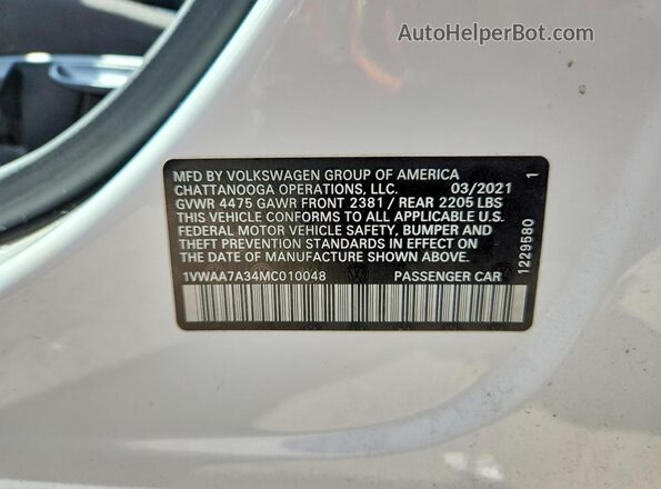 1VWAA7A34MC010048 2021 VOLKSWAGEN PASSAT White ძრავის განყოფილების ხედი