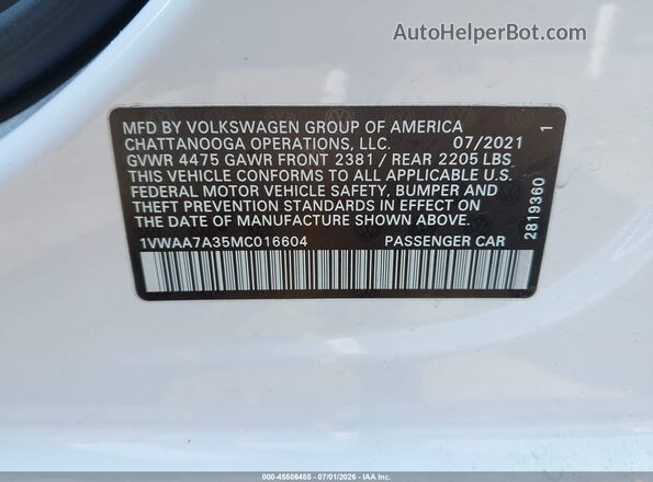 1VWAA7A35MC016604 2021 VOLKSWAGEN PASSAT White Вид підкапотного простору