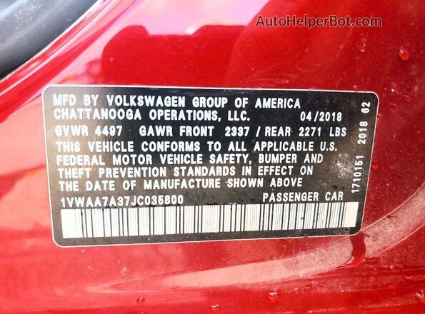 1VWAA7A37JC035800 2018 VOLKSWAGEN PASSAT Maroon ძრავის განყოფილების ხედი