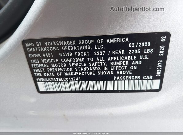 1VWAA7A38LC012741 2020 VOLKSWAGEN PASSAT Серебряный Вид подкапотного пространства