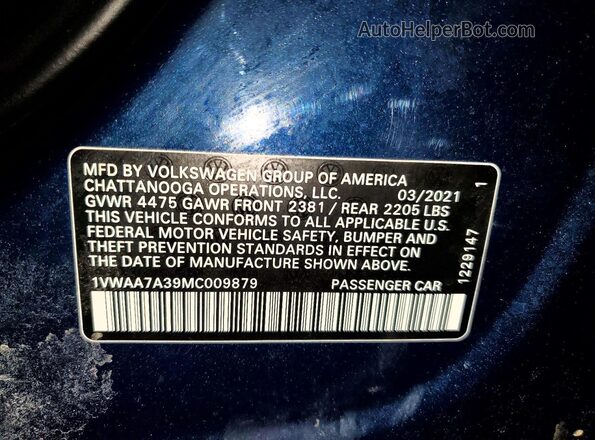 1VWAA7A39MC009879 2021 VOLKSWAGEN PASSAT Blue ძრავის განყოფილების ხედი