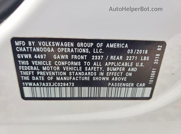 1VWAA7A3XJC029473 2018 VOLKSWAGEN PASSAT White Widok naklejki z numerem VIN
