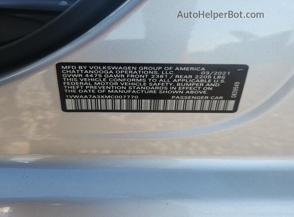 1VWAA7A3XMC007770 2021 VOLKSWAGEN PASSAT Silver Vista del compartimento del motor