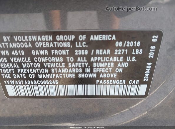 1VWAS7A34GC065245 2016 VOLKSWAGEN PASSAT Gray Engine compartment view