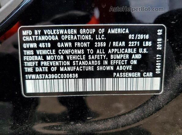 1VWAS7A39GC030636 2016 VOLKSWAGEN PASSAT Black VIN sticker view
