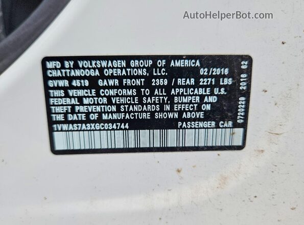 1VWAS7A3XGC034744 2016 VOLKSWAGEN PASSAT White Vista del compartimento del motor