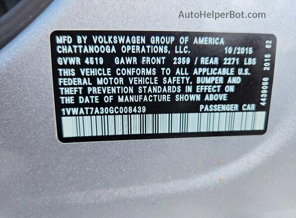 1VWAT7A30GC008439 2016 VOLKSWAGEN PASSAT Silver VIN կոդի պիտակի տեսք