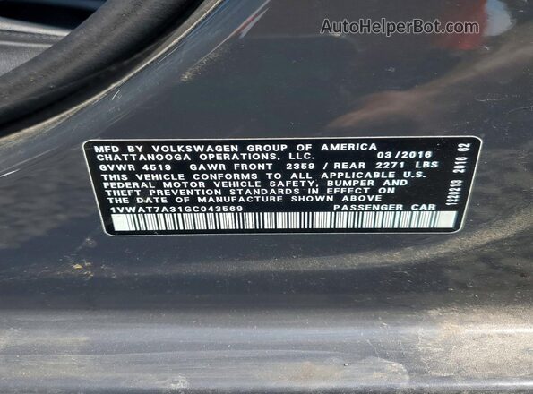 1VWAT7A31GC043569 2016 VOLKSWAGEN PASSAT Gray VIN sticker view