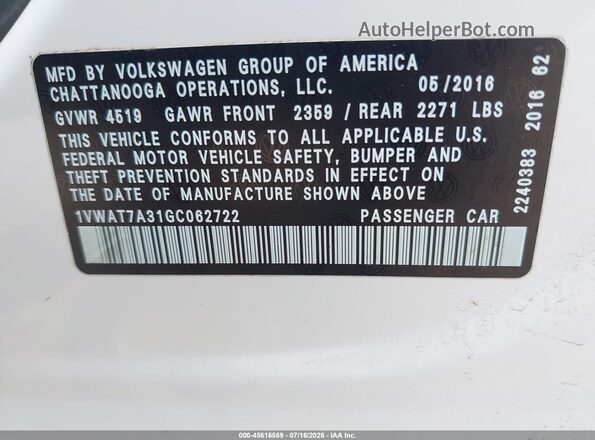 1VWAT7A31GC062722 2016 VOLKSWAGEN PASSAT White Engine compartment view