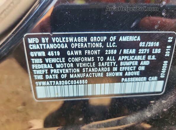 1VWAT7A32GC034850 2016 VOLKSWAGEN PASSAT Black ძრავის განყოფილების ხედი