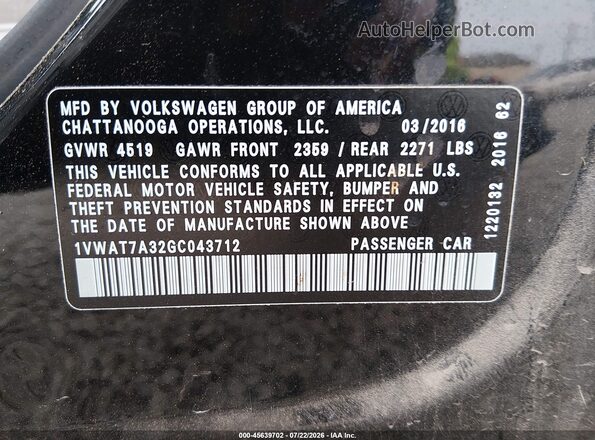 1VWAT7A32GC043712 2016 VOLKSWAGEN PASSAT Black Շարժիչի բաժամունքի տեսք