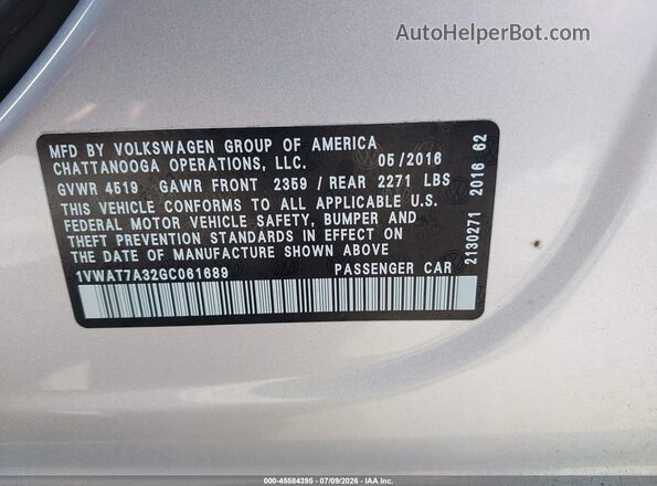 1VWAT7A32GC061689 2016 VOLKSWAGEN PASSAT Серебряный Вид подкапотного пространства