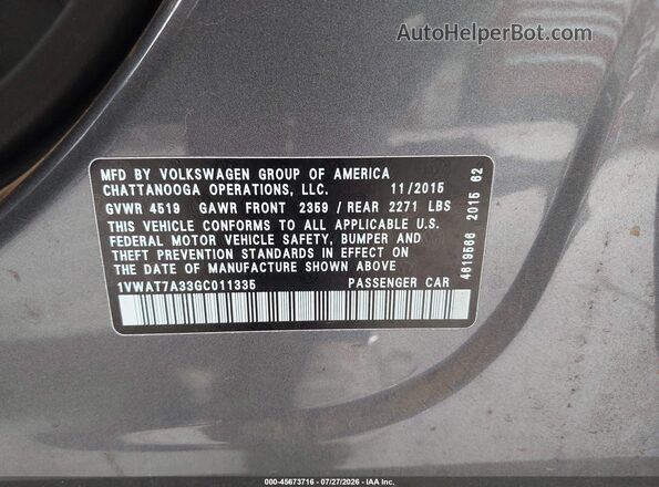 1VWAT7A33GC011335 2016 VOLKSWAGEN PASSAT Серый Вид подкапотного пространства
