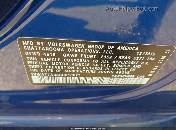 1VWAT7A33GC018527 2016 VOLKSWAGEN PASSAT Blue Շարժիչի բաժամունքի տեսք