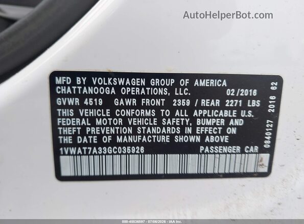 1VWAT7A33GC035926 2016 VOLKSWAGEN PASSAT White Շարժիչի բաժամունքի տեսք