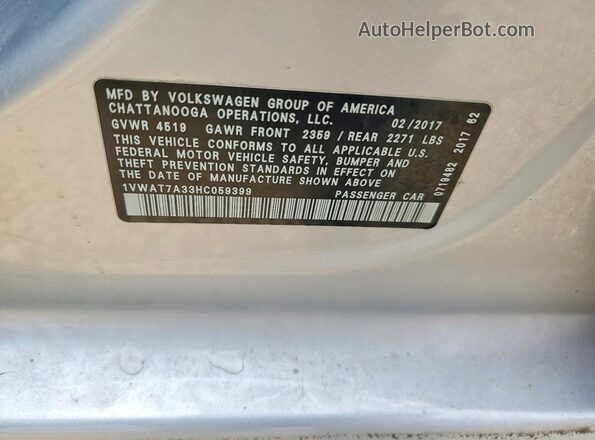 1VWAT7A33HC059399 2017 VOLKSWAGEN PASSAT Silver Widok komory silnika