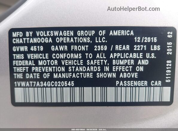 1VWAT7A34GC020545 2016 VOLKSWAGEN PASSAT Silver Engine compartment view