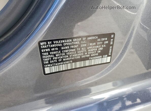 1VWAT7A34GC036275 2016 VOLKSWAGEN PASSAT Серый Вид наклейки с VIN-кодом