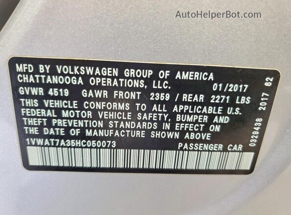 1VWAT7A35HC050073 2017 VOLKSWAGEN PASSAT Silver VIN sticker view