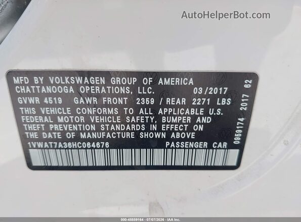 1VWAT7A36HC064676 2017 VOLKSWAGEN PASSAT Белый Вид подкапотного пространства