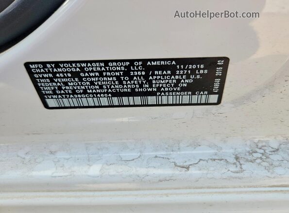 1VWAT7A38GC014604 2016 VOLKSWAGEN PASSAT White VIN կոդի պիտակի տեսք