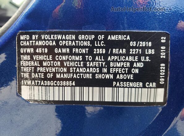 1VWAT7A38GC038854 2016 VOLKSWAGEN PASSAT Синий Вид подкапотного пространства