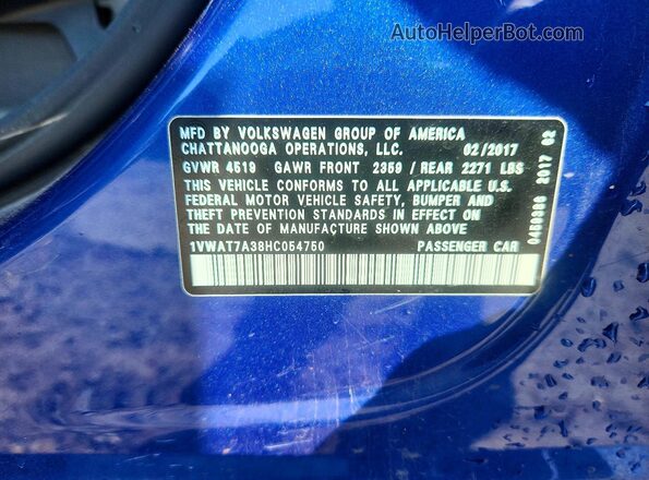 1VWAT7A38HC054750 2017 VOLKSWAGEN PASSAT Blue Engine compartment view