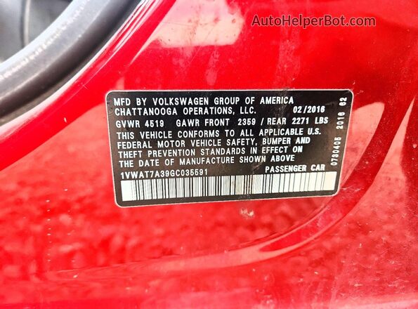 1VWAT7A39GC035591 2016 VOLKSWAGEN PASSAT Red Շարժիչի բաժամունքի տեսք