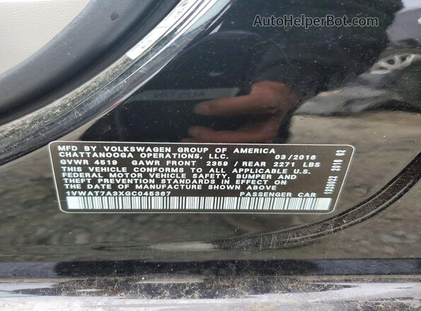 1VWAT7A3XGC045367 2016 VOLKSWAGEN PASAAT Черный Вид наклейки с VIN-кодом