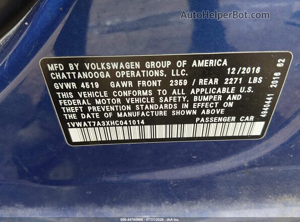 1VWAT7A3XHC041014 2017 VOLKSWAGEN PASSAT Blue Vista del compartimento del motor