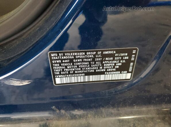 1VWBA7A32JC020965 2018 VOLKSWAGEN PASSAT Синий Вид подкапотного пространства