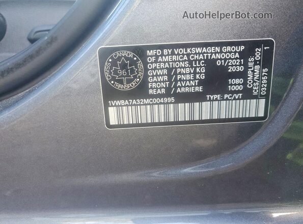 1VWBA7A32MC004995 2021 VOLKSWAGEN PASSAT Gray VIN კოდის სტიკერის ხედი