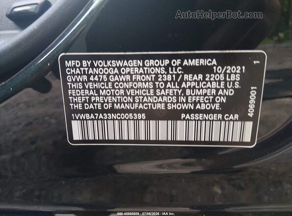 1VWBA7A33NC005395 2022 VOLKSWAGEN PASSAT Green ძრავის განყოფილების ხედი