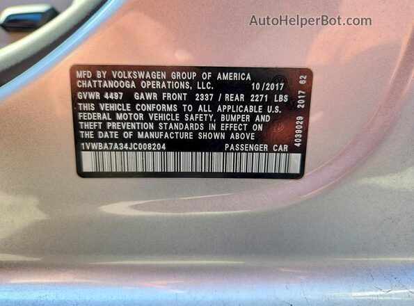 1VWBA7A34JC008204 2018 VOLKSWAGEN PASSAT Серебряный Вид наклейки с VIN-кодом