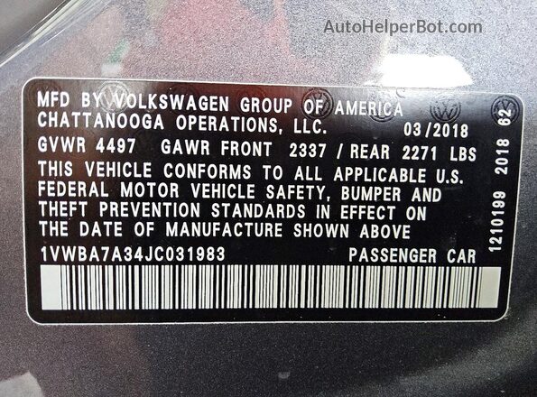 1VWBA7A34JC031983 2018 VOLKSWAGEN PASSAT Gray Engine compartment view