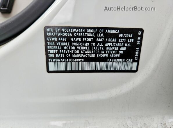 1VWBA7A34JC040926 2018 VOLKSWAGEN PASSAT White Շարժիչի բաժամունքի տեսք
