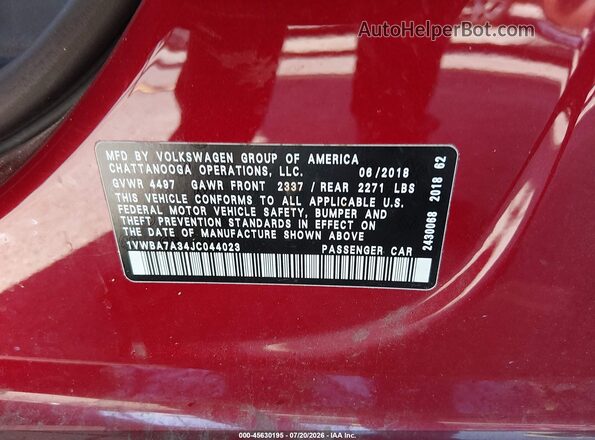 1VWBA7A34JC044023 2018 VOLKSWAGEN PASSAT Burgundy ძრავის განყოფილების ხედი