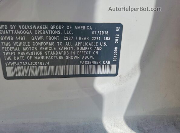 1VWBA7A34JC046774 2018 VOLKSWAGEN PASSAT White Շարժիչի բաժամունքի տեսք