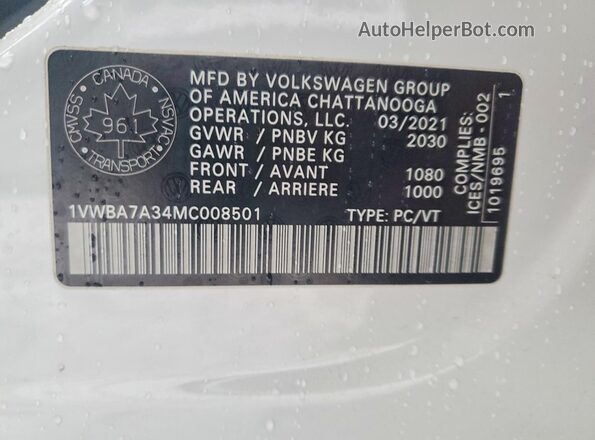 1VWBA7A34MC008501 2021 VOLKSWAGEN PASSAT White Вид наклейки з VIN-кодом