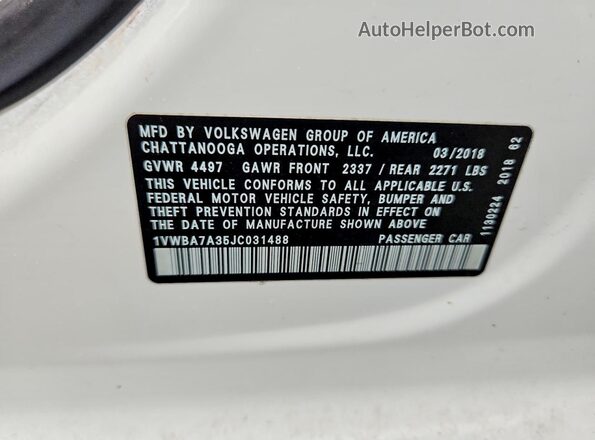 1VWBA7A35JC031488 2018 VOLKSWAGEN PASSAT White VIN sticker view