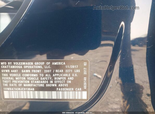 1VWBA7A36JC013548 2018 VOLKSWAGEN PASSAT Blue Trasero derecho