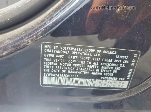 1VWBA7A36JC018667 2018 VOLKSWAGEN PASSAT Black ძრავის განყოფილების ხედი