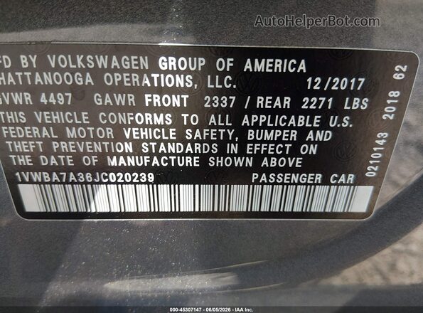 1VWBA7A36JC020239 2018 VOLKSWAGEN PASSAT Gray Engine compartment view